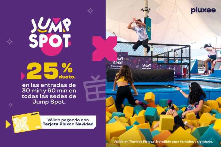 25% DSCTO EN LAS ENTRADAS DE 30 MIN Y 60 MIN EN TODAS LAS SEDES DE JUMP SPOT. 